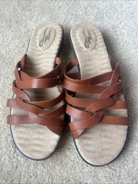 easy street Comfort Wave Brown Braided Multi-Strap Slide Sandals